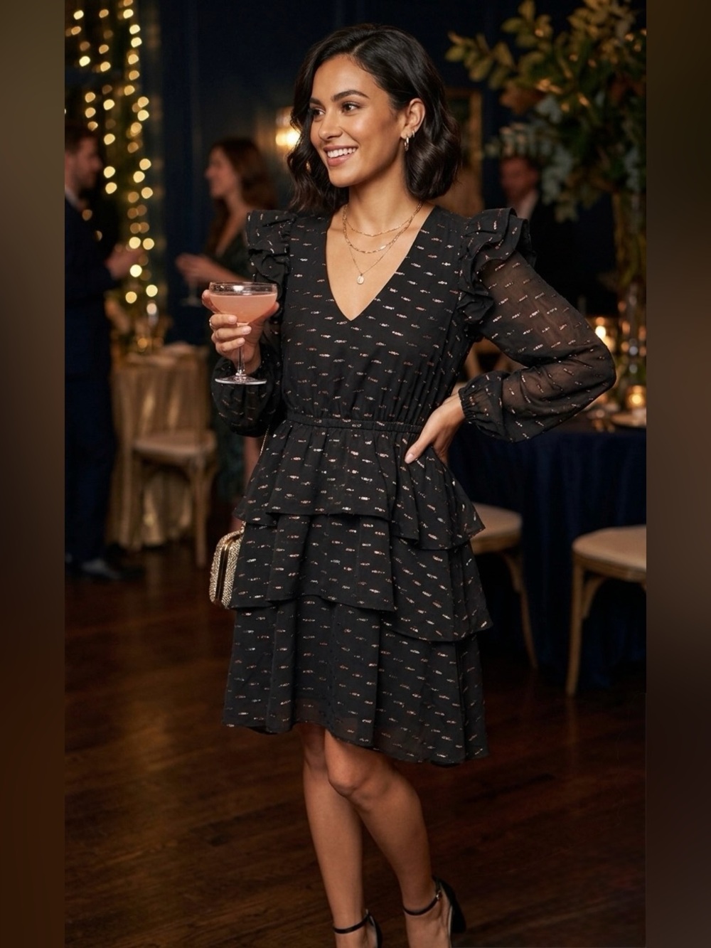 Alden Adair Black Long-Sleeve Ruffle Tiered Dress with Metallic Flecks Small